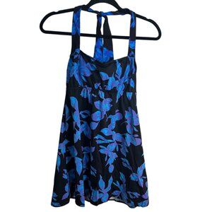 Lands End Swim Dress Blue Black Floral‎ Halter Modest Beachy Preppy Size 6L